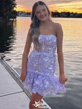 Gorgeous Strapless Lace Sheath Short Mini Homecoming Dress,EPT379