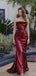 Fancy Wine Red Satin Column Prom Dress with Floral Applique Strapless Neckline,WGP2118