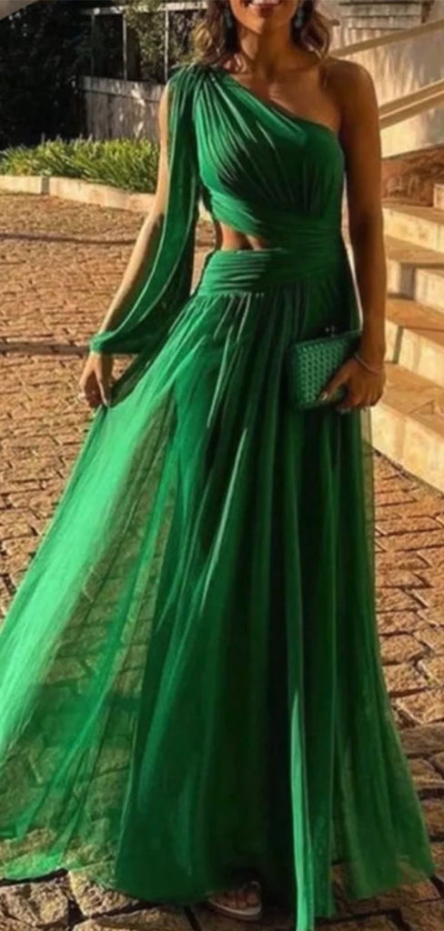 Elegant Green One-Shoulder A-Line Long Prom Dress Ideas, Evening Party Dresses,WGP1636