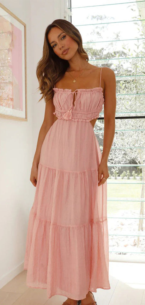 Elegant Pink Chiffon A-Line Maxi Dress with Ruffled Tiered Skirt Prom Dress,WGP2100