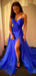 Elegant Blue Spaghetti-Strap A-Line Side Slit Long Prom Dress Ideas, Evening Party Dresses,WGP1628