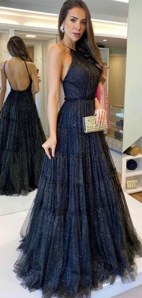 Sexy Black Halter A-Line Long Prom Dress Ideas, Evening Party Dresses,WGP1688