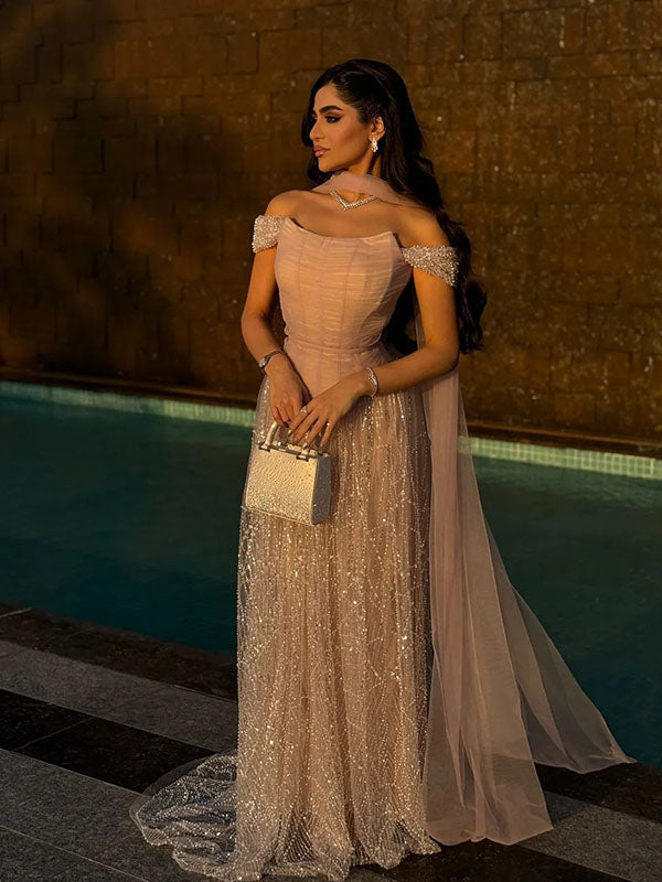 Elegant Pink Off-Shoulder Sleeveless A-Line Long Prom Dress Ideas, Evening Party Dresses , WGP1900