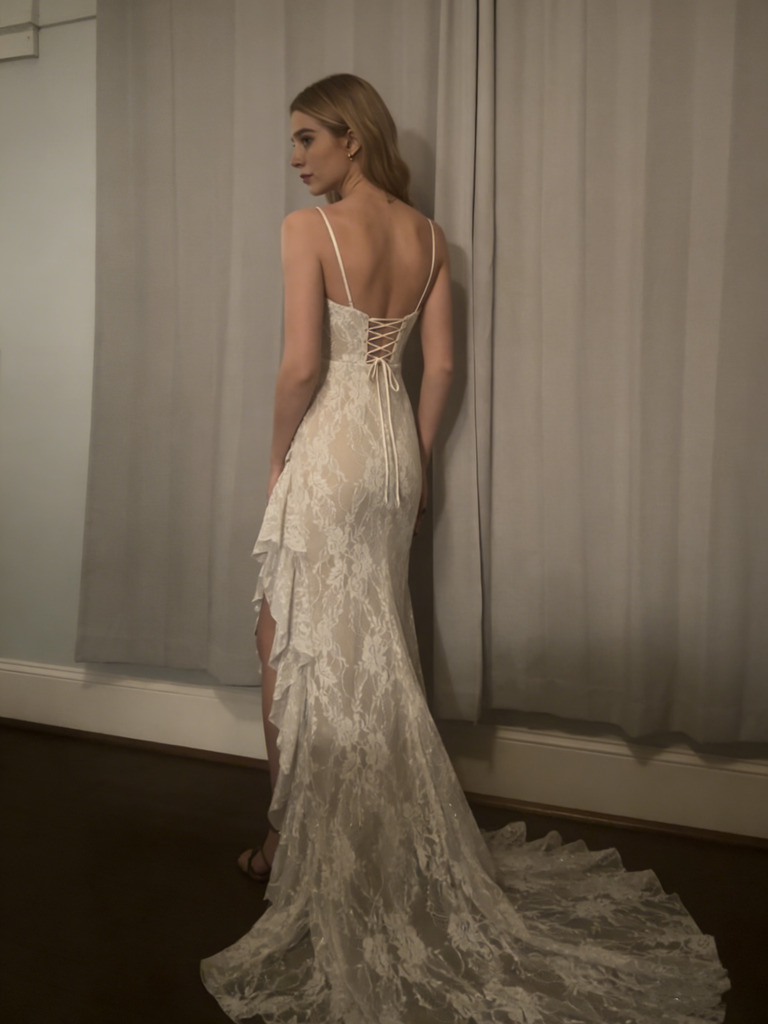 Unique Ivory Lace Mermaid Prom Dress High-Low Ruffle Hem Spaghetti Straps,WGP2141