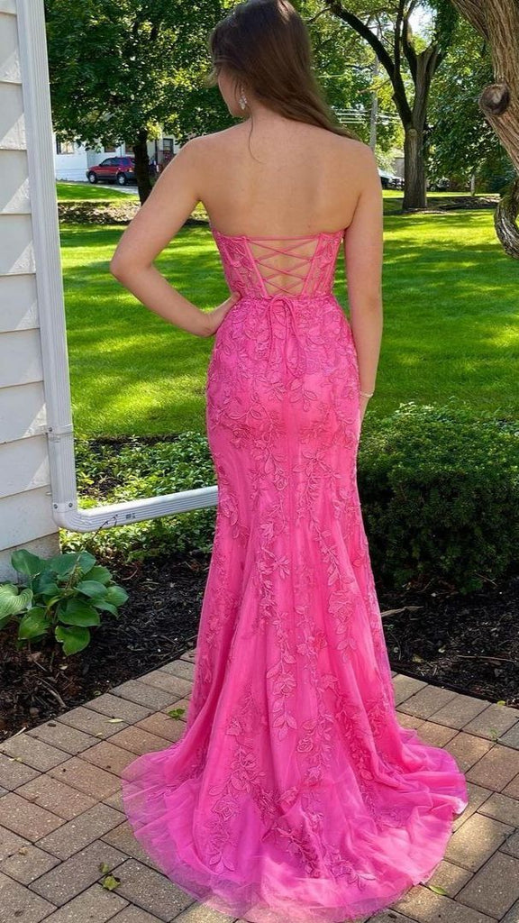 Stunning Hot Pink Lace Prom Dress Mermaid Strapless Embroidered Gown,WGP2133