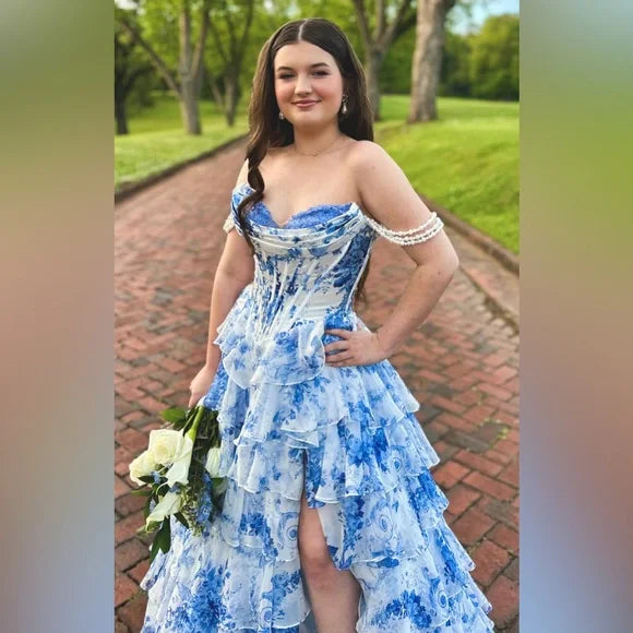 Elegant Blue Off-Shoulder A-Line Long Prom Dress Ideas, Evening Party Dresses , WGP1595