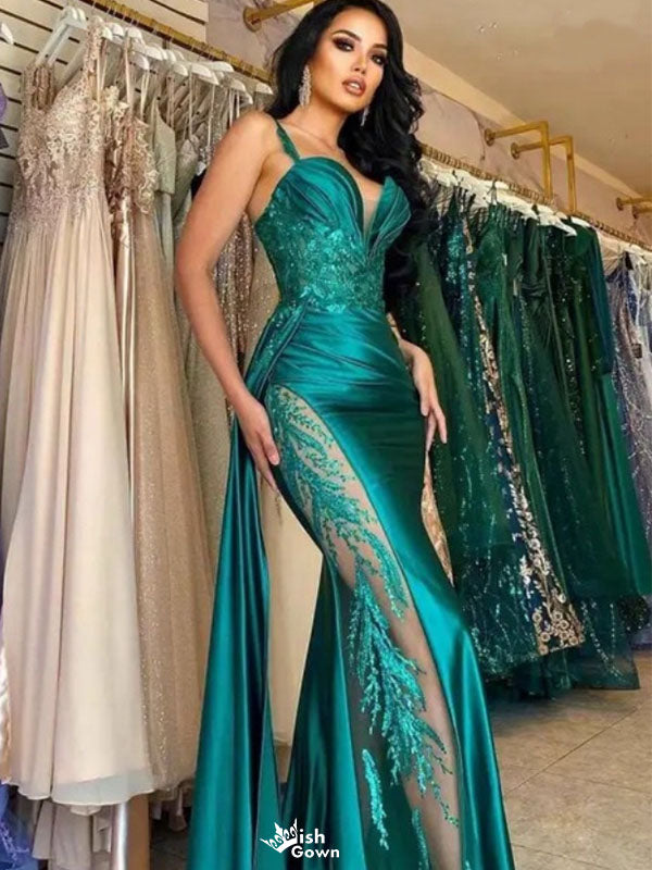 Elegant Green Spaghetti Strap Mermaid Side Slit Long Prom Dress Ideas, Evening Party Dresses ,  WGP1589
