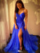 Elegant Blue Spaghetti-Strap A-Line Side Slit Long Prom Dress Ideas, Evening Party Dresses,WGP1628