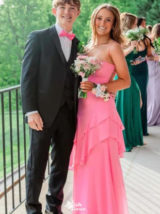 Pretty Hot Pink Ruffle Prom Dress Sleeveless Tiered Chiffon Floor Length Gown,WGP2112