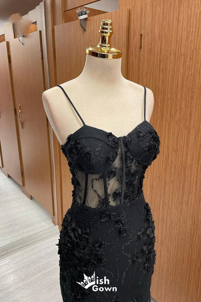 Black Lace 3D Flower Appliques Spaghetti Straps Mermaid Long Party Dress Prom Dresses,Evening Dress Online, WGP889