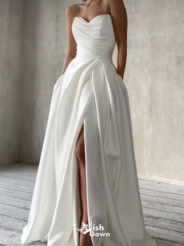 Elegant White A-Line Sweetheart Side Slit Long Evening Dresses, Formal Dresses, Birthday Party, WGP538