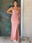 Sexy Pink Spaghetti Strap Side Slit Long Sleeve Popular Long Evening Dresses, Formal Dresses, Birthday Party, WGP678