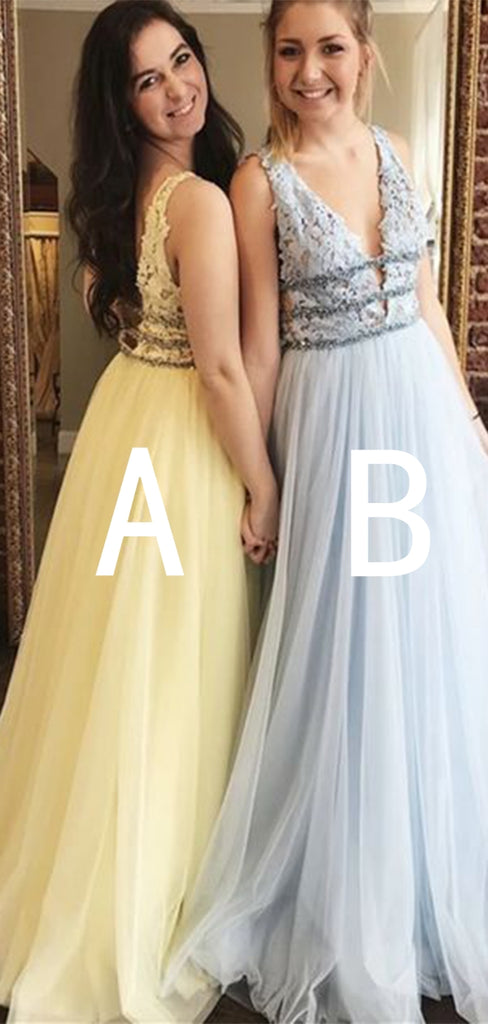 Elegant Yellow Blue V-Neck A-Line Long Sleeveless Popular Long Evening Dresses, Formal Dresses, Birthday Party, WGP693