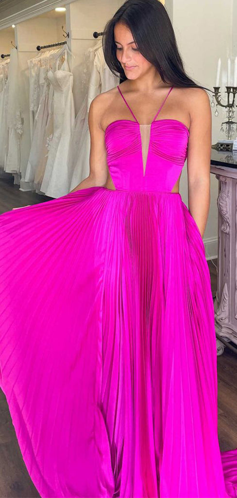 Elegant Pink Halter Strap A-Line Long Sleeveless Popular Long Evening Dresses, Formal Dresses, Birthday Party, WGP697