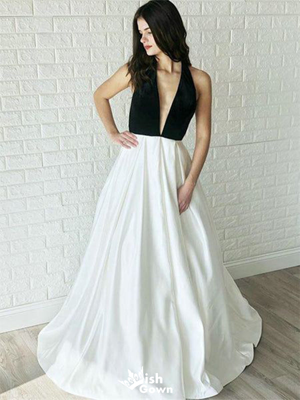 Elegant White Black V-Neck A-Line Long Sleeveless Popular Long Evening Dresses, Formal Dresses, WGP702