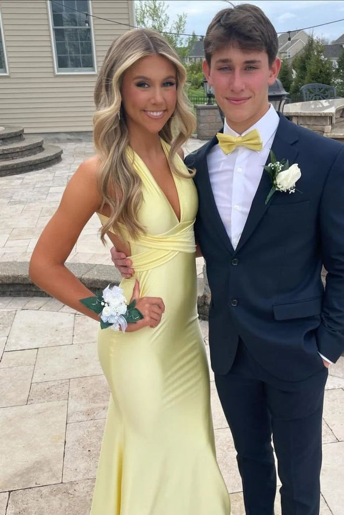 Pretty Pale Yellow V-Neck Prom Gown Sexy Crisscross Waistband Satin Mermaid Fit,WGP2107