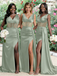 Sexy V Neck Sage Green Satin Mermaid Bridesmaid Dress With Side Slit,WGM472