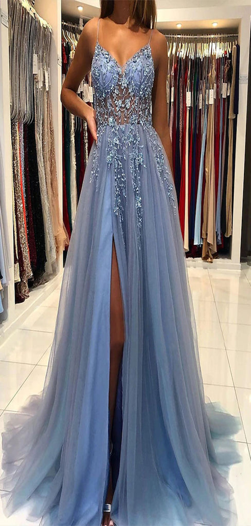 Sexy A-Line Spaghetti Straps Side Slit Lace Appliques Long Formal Prom Dresses,Evening Gowns,WGP325