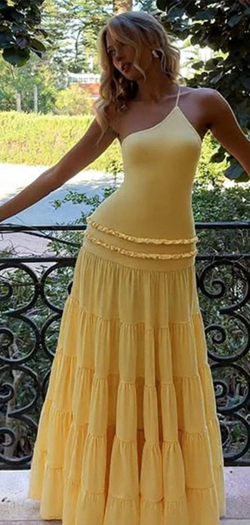 Unique One Shoulder Yellow Tiered Prom Dress Ruffled Waist Summer Style Chiffon Maxi,WGP2108