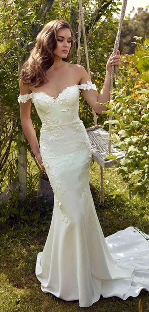 Elegant White Off-Shoulder Mermaid Long Prom Dress Ideas, Evening Party Dresses ,WGP1596