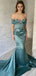 Modern Teal Green Satin Prom Gown Off the Shoulder Crystal Beaded Mermaid Formal Dress,WGP2086