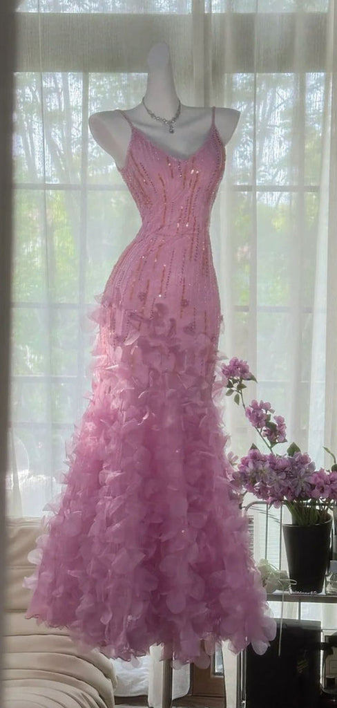 Elegant Pink Spaghetti Strap Mermaid Floral Long Prom Dress Ideas, Evening Party Dresses,WGP1637