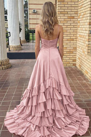 Pretty Rose Pink Spaghetti Strap Satin High Low Prom Dress with Tiered Ruffles,WGP2101