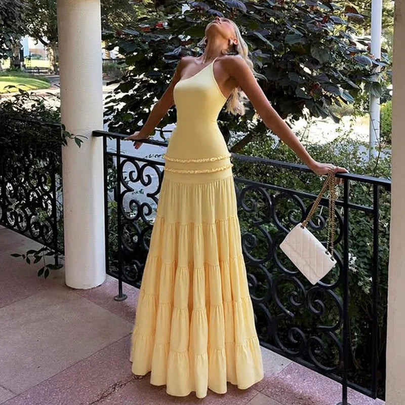 Unique One Shoulder Yellow Tiered Prom Dress Ruffled Waist Summer Style Chiffon Maxi,WGP2108