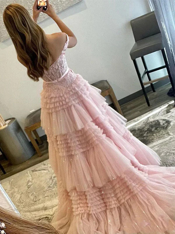 Fancy Tiered Ruffle Tulle Ball Gown Prom Dress with Beaded Off-Shoulder Top,WGP2155