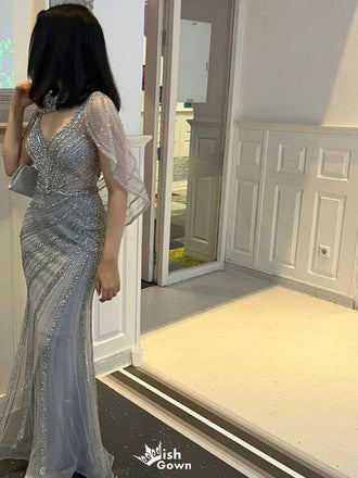 Shiny Blue V-Neck Mermaid Long Prom Dress Ideas, Evening Party Dresses,WGP1707