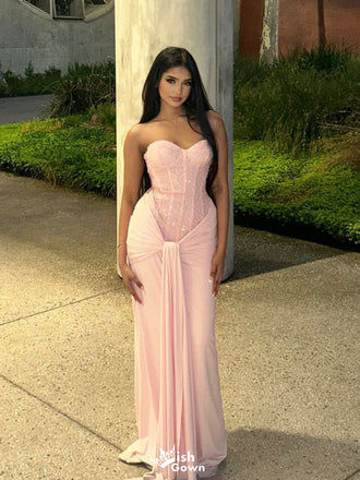 Classy Blush Pink Corset Prom Dress Strapless Ruched Jersey Mermaid Formal Gown,WGP2113