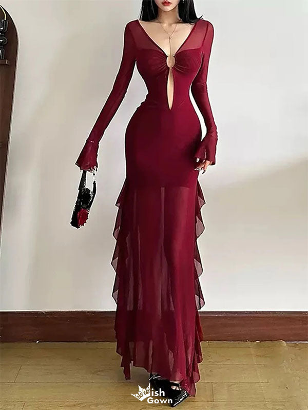Sexy Red V-Neck Long Sleeve Mermaid Long Prom Dress Ideas, Evening Party Dresses,WGP1667