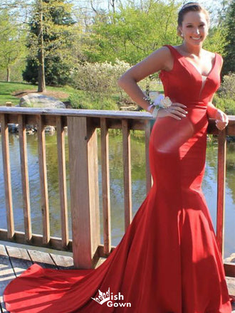 Sexy Red V-Neck Mermaid Long Prom Dress Ideas, Evening Party Dresses,WGP1818