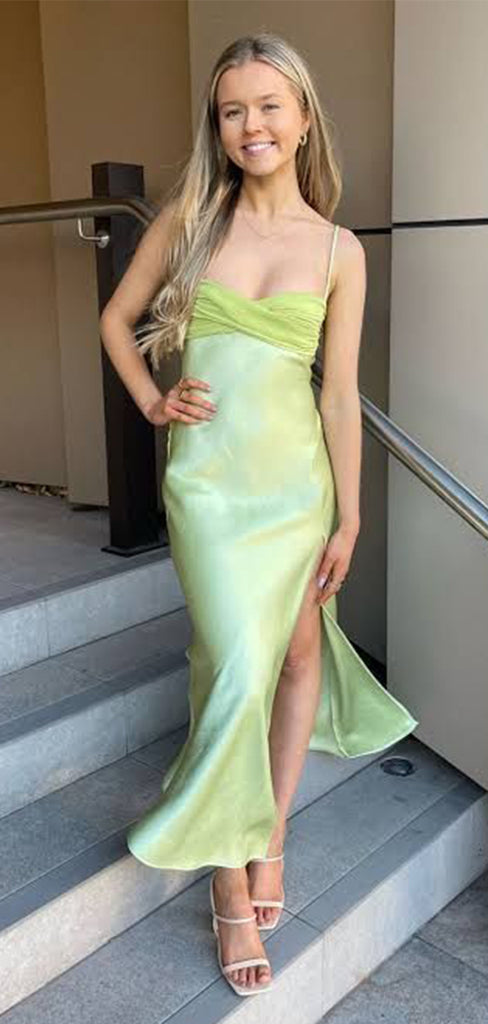 Cute Green Spaghetti Strap Mermaid Side Slit Long Sleeveless Popular Long Evening Dresses, Formal Dresses, WGP707