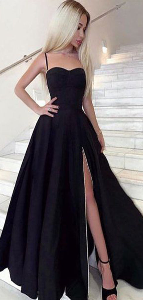 Elegant Black Spaghetti Strap A-Line Side Slit Long Sleeveless Popular Long Evening Dresses, Formal Dresses, WGP704