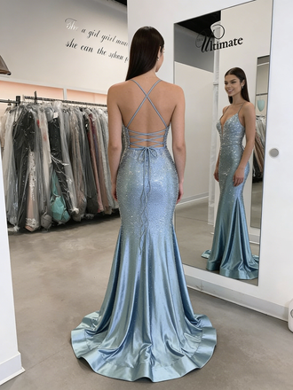 Fancy Glitzy Blue Prom Dress Deep V-Neck Sequined Mermaid Formal Gown,WGP2165