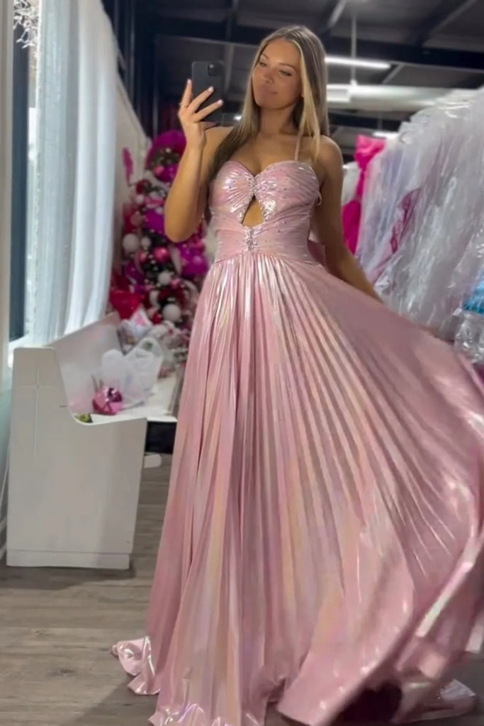 Elegant Pink Spaghetti Strap A-Line Side Slit Long Prom Dress Ideas, Evening Party Dresses,WGP1646