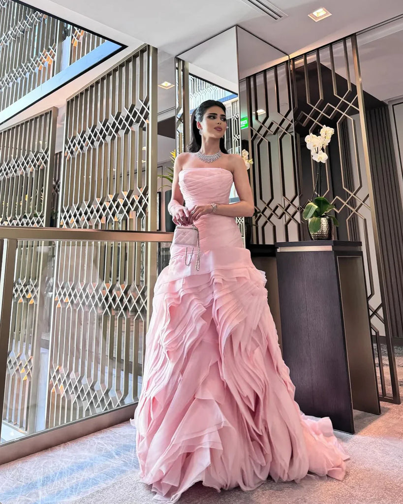 Modern Pale Pink Ruffle Prom Dress Strapless Tiered Tulle Party Gown,WGP2135