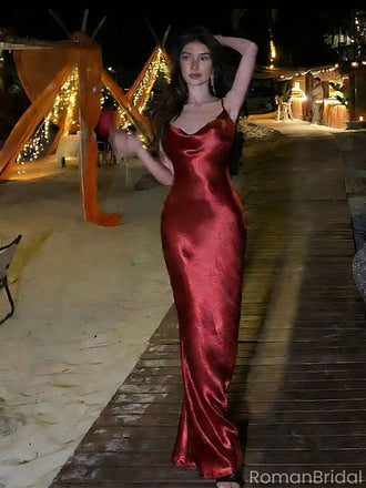 Classy Red Satin Strapless Prom Dress Sleek Backless Maxi Party Gown,WGP2156