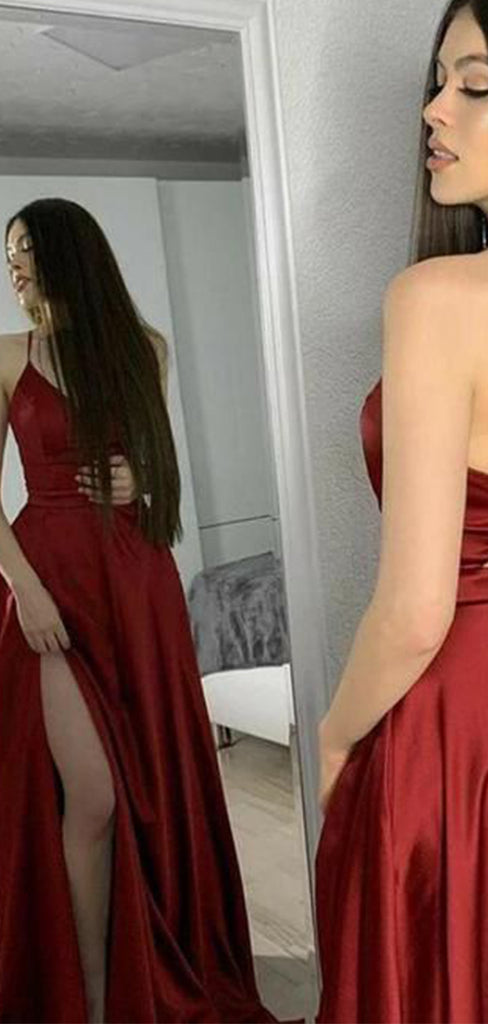 Sexy Red A-Line Spaghetti Strap Side Slit Long Sleeveless Long Party Prom Dresses,Evening Dress Online, WGP732