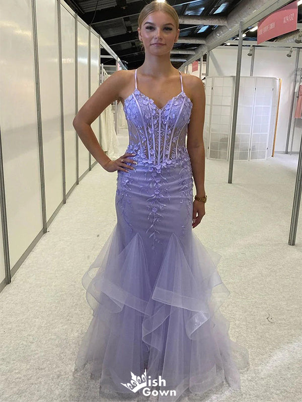 Sexy Purple Mermaid Spaghetti Strap Lace Long Sleeveless Long Party Prom Dresses,Evening Dress Online, WGP740