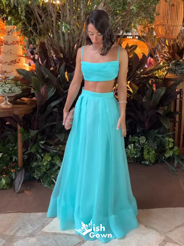 Stylish Blue Two Pieces Spaghetti Straps Straight Neck A-line Long Party Dress Prom Dresses,Evening Dress Online, WGP892