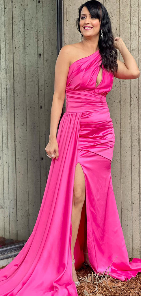 Elegant Pink Mermaid One Shoulder Side Slit Long Sleeveless Long Party Prom Dresses,Evening Dress Online, WGP747