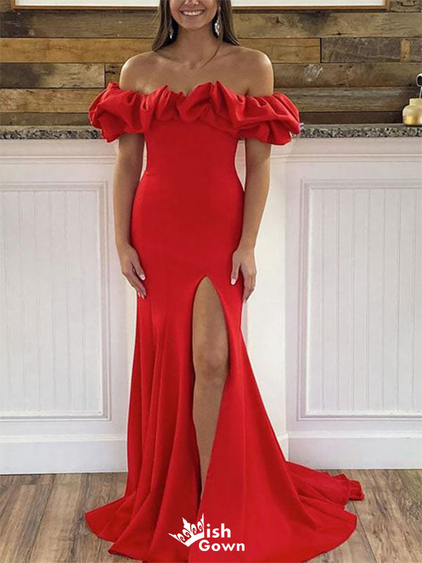 Simple Mermaid Off Shoulder Side Slit Bubble Formal Prom Gowns,Evening Dresses,WGP347