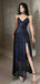 Sexy Navy Blue V-Neck Sequin Prom Gown Sparkling Sleeveless Sheath Dress with Slit,WGP2157