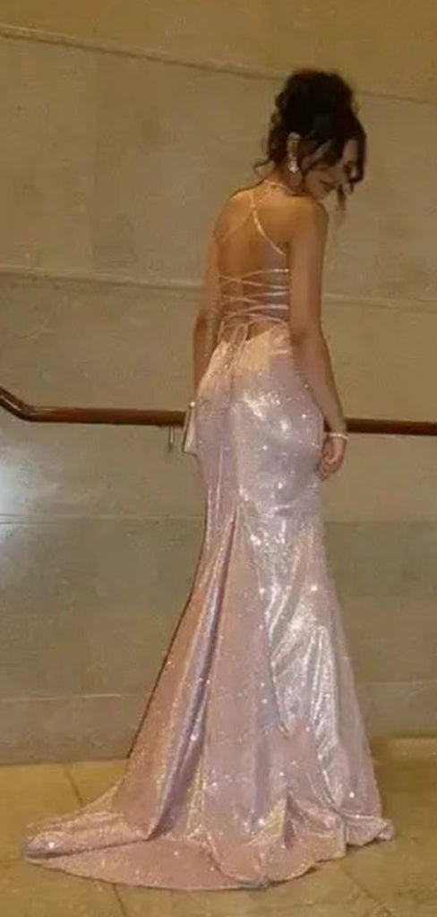 Sparkly Pink Spaghetti Strap Mermaid Long Prom Dress Ideas, Evening Party Dresses, WGP2009