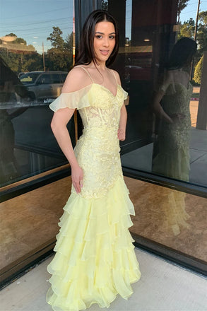 Elegant Yellow Spaghetti Strap Mermaid Long Prom Dress Ideas, Evening Party Dresses,WGP1931