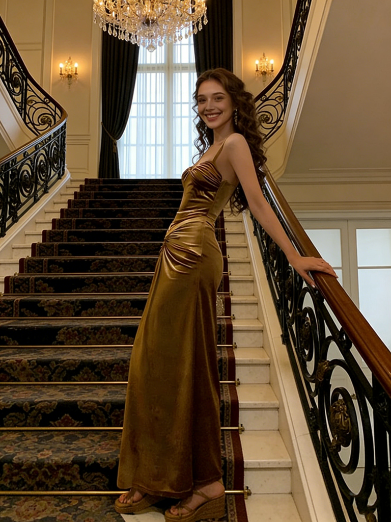 Vintage Gold Satin Prom Dress with Spaghetti Straps Elegant Knotted Waist,WGP2196
