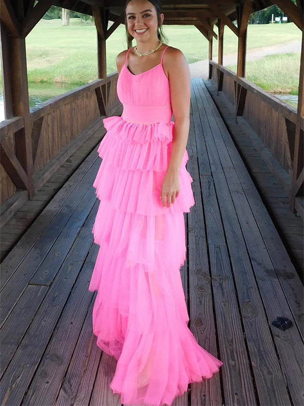 Elegant Pink Spaghetti Strap A-Line Long Sleeveless Long Party Prom Dresses,Evening Dress Online, WGP759