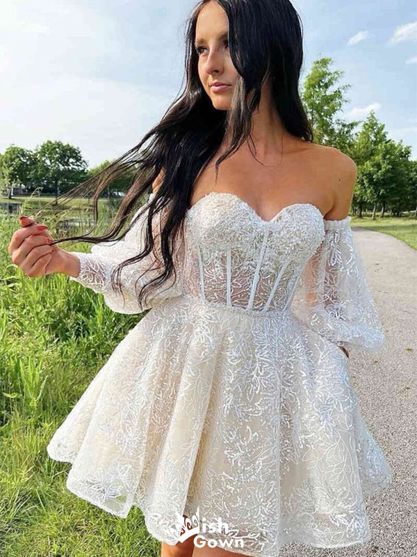 Elegant White Off Shoulder Sweetheart Ball Gown Popular Cheap Short Homecoming Dresses, EPT285